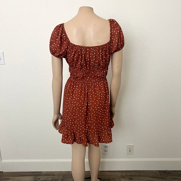 [ASOS] Brown White Polka Dot Print Babydoll Shirred Puff Sleeve Mini Dress Sz 14 - Picture 2 of 11
